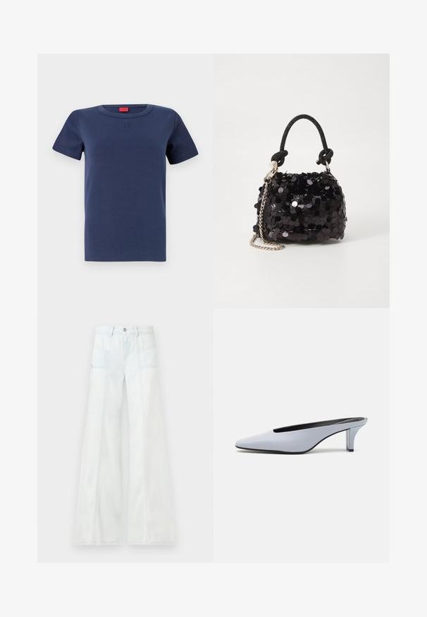 T-shirt de algodão azul-marinho com decote redondo, mangas curtas e um logótipo em relevo no peito. Textura suave, corte clássico.; Calças de ganga de perna larga em azul claro com bolsos frontais aplicados e passadores para cinto, apresentadas contra um fundo plain.; Mule de pele patente azul claro com bico alongado, salto baixo transparente e um design elegante com um recorte no vamp.; Mala mini preta de lantejoulas com uma alça texturizada em nó e corrente prateada. Forma arredondada com parte superior pregueada e detalhes reflexivos.