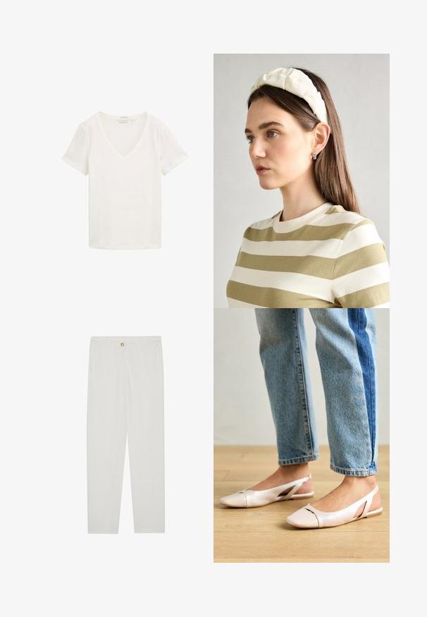 Lame valge lühikeste varrukatega V-kaelusega T-särk, valmistatud orgaanilisest puuvillast, asetatud tasasele valgele taustale.; Valged kohandatud püksid sirge lõikega, varustatud nupuga kinnitusega, vöödega ja küljetaskutega; sile kangatekstuur.; Kahvatu roosa slingback lapikute jalatsite paar, millel on terav varvas, valmistatud siledast nahataolisest materjalist. Omab külgedel lõikekohti ja lapikut kontsa.; Kreemjas pehmendusega peapael, millel on keerutatud disain, koos beeži ja valge triibulise särgiga, millel on ümar kaelus. Diskreetne ehtedisain.