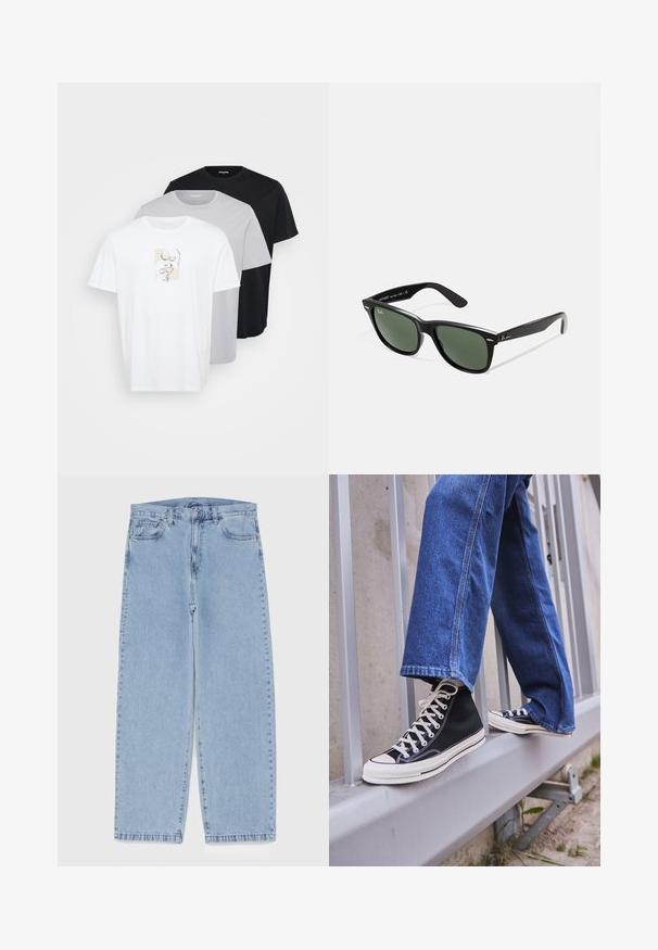 Tri kratke majice u bijeloj, svijetlosivoj i crnoj boji. Bijela majica sadrži minimalistički grafički dizajn. Mekana pamučna tkanina.; Svijetloplave traperice s ravnim nogavicama, sa srednjim strukom, pet džepova i zatvaranjem na dugme i patentni zatvarač.; Crne visoke tenisice s bijelim potplatom i vezicama, u kombinaciji s širokim plavim trapericama, naslonjene na sivi ogradu.; Crne plastične sunčane naočale s zelenim staklima, kvadratni okviri, srebrni naglasak na obrvi i teksturirane ručke. Naziv brenda naveden na unutrašnjoj strani ručke.