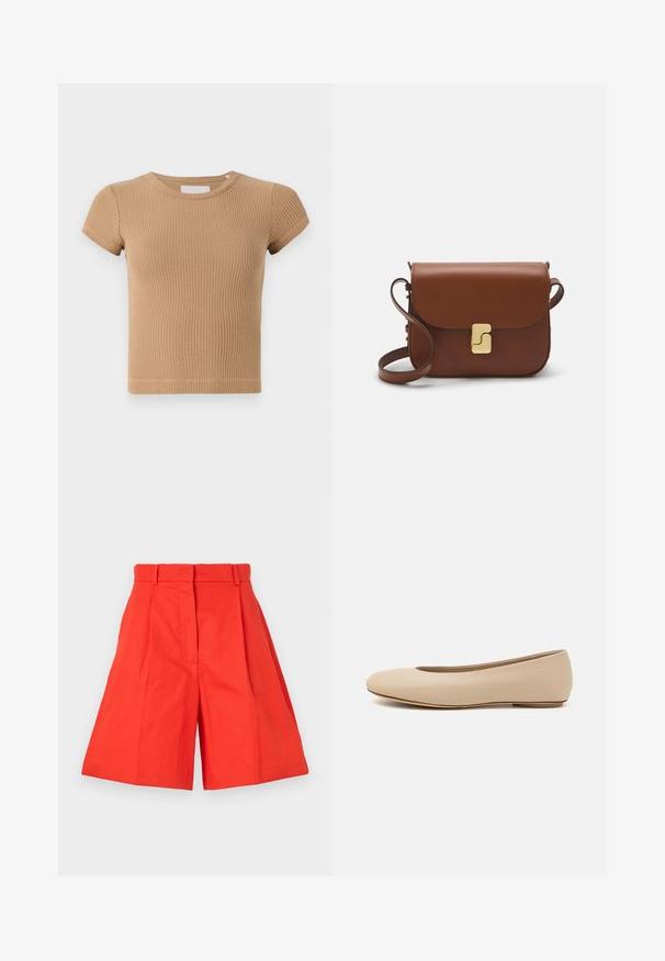 Světle hnědé žebrované tričko s krátkým rukávem, kulatým výstřihem a přiléhavým střihem. Měkká textura s minimálními švy.; Červené bavlněné šortky s vysokým pasem, s plisováním a širokým střihem. Hladká textura a čisté linie. Bez kapes nebo ozdob.; Béžové kožené baletní byty s kulatou špičkou, minimálním prošíváním, nízkým podpatkem a decentním logem na zadní straně. Hladký, matný povrch.; Hnědá kožená kabelka s klopou, zlatými kovovými detaily, ramenním popruhem a hladkým povrchem. Kompaktní obdélníkový tvar.