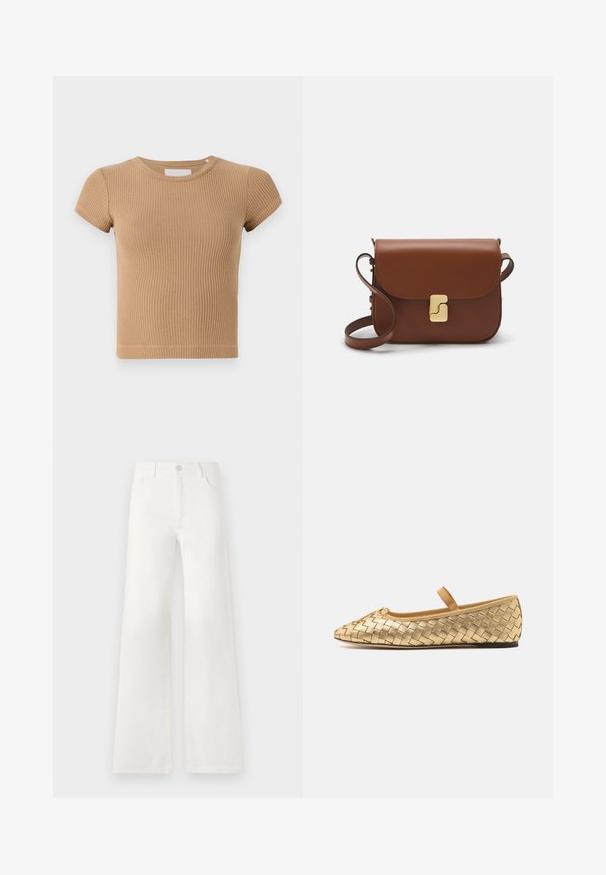 Šviesiai ruda raukšlėta trumpomis rankovėmis marškinėliai su apvaliu iškirpimu ir prigludusia priekine dalimi. Minkšta tekstūra su minimaliais siuvimo akcentais.; Balsviesti, aukštu liemeniu plačiakelnės džinsinės kelnės. Jos turi mygtukų užsegimą, dvi priekinės kišenes ir siūlams su siuvinėtojais.; Loeffler Randall LEONIE SOFT BALLET FLAT - Balerinos tipo bateliai su dirželiu ties kulkšnimi - gold; Ruda odinė rankinė su uždaromu dangteliu, aukso spalvos detalėmis, petneša ir lygiu paviršiumi. Kompaktiška stačiakampio formos.