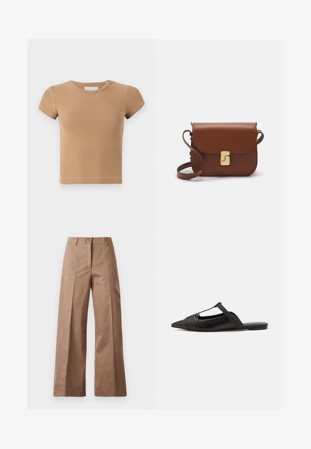 Světle hnědé žebrované tričko s krátkým rukávem, kulatým výstřihem a přiléhavým střihem. Měkká textura s minimálními švy.; Hnědé kalhoty s širokými nohavicemi vyrobené z hladké tkaniny, s předním zapínáním na knoflík, dvěma předními kapsami a čistými, dobře střiženými liniemi.; Černé kožené slingback boty se špičatou špičkou, s tkaným akcentem a plisovaným designem svršku. Plochá podešev s minimálním kovovým zapínáním.; Hnědá kožená kabelka s klopou, zlatými kovovými detaily, ramenním popruhem a hladkým povrchem. Kompaktní obdélníkový tvar.