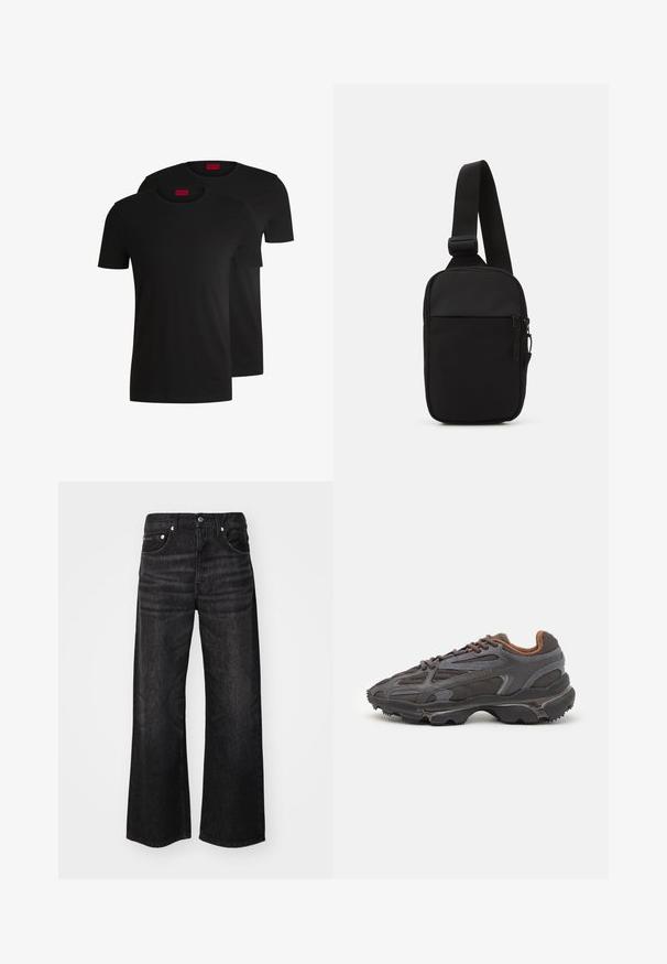 To svarte bomull t-skjorter med korte ermer og rund hals. Begge har en rød merkeetikett ved halsen. Enkel, klassisk design.; Bredde ben svarte denimjeans med en glatt tekstur, klassisk fem-lommersdesign og sølvfarget detaljer. Har subtil falming langs stoffet.; Lacoste-sneakers i mørkegrått med mesh- og syntetisk materiale, med en teksturert såle og brune detaljer på kragen og merket.; Svart skulderveske laget av slitesterkt stoff, med en justerbar stropp, en glidelåslukking på hovedrommet og en frontlomme.