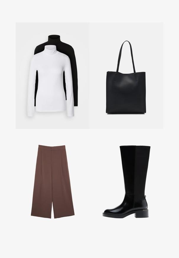 Two long-sleeve turtleneck tops, one white and one black, made of a smooth, stretchy fabric, both featuring slim-fitting design and high collars.; Brown wide-leg trousers with a smooth texture, featuring a high waist and front pleats. The fabric is lightweight and flows loosely.; Black knee-high boot with a smooth leather finish, prominent stitching, a chunky heel, and a textured back panel for added interest.; Black leather tote bag with smooth texture, rectangular shape, and two long handles. No visible hardware or embellishments.