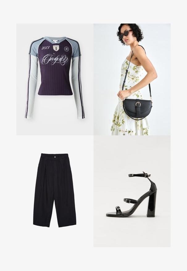 Dolgi rokavi športna majica temno vijolične barve z svetlo sivo obleko. Ima navpične črte, izvezeno ikono in dekorativno besedilo.; Črne poliesterske culotte hlače z elastičnim pasom, dvema sprednjima nabiranjema in ohlapnim krojem. Brez vidnih vzorcev ali kovinskih detajlov.; Črne lakirane sandale s peto, kvadratnim prstom, trakovi okrog gležnja in srebrnimi zaponkami. Opremljene so s stabilno Debelo peto.; Črna usnjena torbica s ukrivljeno obliko, z odstranljivo naramnico in zlatimi dodatki. Torbica ima pokrov s podrobnostmi v obliki zaponke.