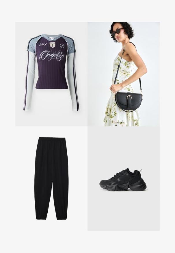 Long-sleeve athletic shirt in dark purple with light gray sleeves. Features vertical stripes, embroidered logo, and decorative text.; Black, lightweight pants with an elastic waistband and gathered ankles. The fabric is smooth and features a relaxed, tapered design.; Black sneakers with a mix of smooth and textured materials, thick soles, rounded shape, and decorative stitching. Features a soft, plush cuff.; Black leather handbag with a curved shape, detachable strap, and gold hardware. The bag features a flap with a buckle detail.