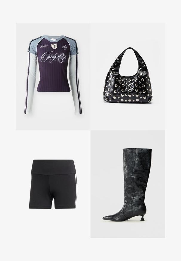 Long-sleeve athletic shirt in dark purple with light gray sleeves. Features vertical stripes, embroidered logo, and decorative text.; Black athletic shorts with a wide waistband, made from stretchy fabric. Features white side stripes and a fitted design.; Knee-high black faux leather boots with a glossy crocodile texture, pointed toe, and a slim, angular heel. Classic design and sleek silhouette.; Black patent leather handbag with a rounded shape, featuring silver metallic studs in varying sizes, and a wide strap for easy carrying.