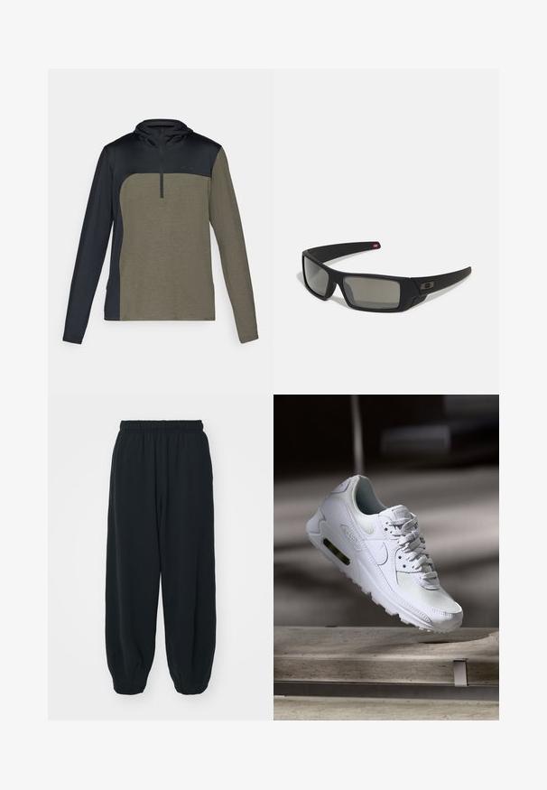 Pullover a maniche lunghe con zip a metà, caratterizzato da una parte superiore di un blu navy scuro e una sezione inferiore di un verde khaki, realizzato in un tessuto testurizzato e traspirante.; Pantaloni da jogging neri con vita elasticizzata, dalla vestibilità morbida, caviglie a costina, texture liscia e senza motivi visibili o dettagli in metallo.; Sneaker Nike Air Max 90 bianco con tomaia in mesh e pelle, punta forata e un'unità air visibile nel tallone.; Occhiali da sole neri con finitura opaca, lenti rettangolari, leggero curvatura sulle tempie, dettaglio logo discreto e lenti color fumo.