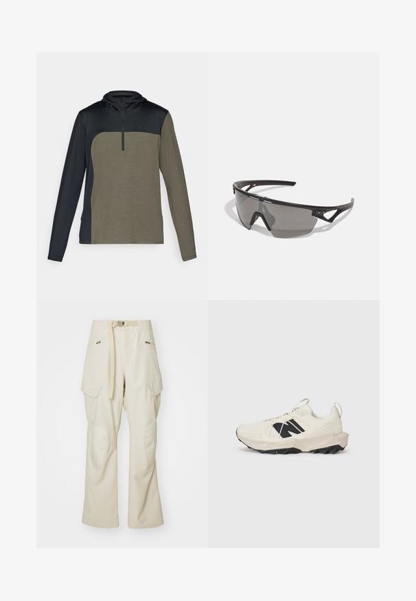 Pitkähiha pullover, jossa on puolivetoketju, tummansinisestä yläosasta ja khakinvihreästä alaosasta, joka on valmistettu teksturoidusta, hengittävästä kankaasta.; Beige-housut, joissa on leveä lahje, vyötärölle kuuluu vyö, kaksi sivutaskua ja polvipaikat. Sujuva pinta, jossa on vahvistetut ompelu yksityiskohdat.; Vaaleanbeige sneaker, jossa on verkkokangasvaste, musta logo ja teksturoitu pohja. Korostettu geometrisella kuvioinnilla välipohjassa.; Urheilusilmälasit mustalla rungolla, harmailla linsseillä, aerodynaamisella designilla ja kulmikkaalla muodolla; korostetut tempura ja nenäsilta.