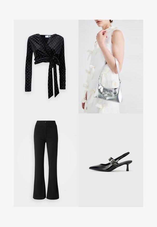 Must värvitud sametist top, millel on pikad varrukad ja hõbedaseid teemante kujutav muster, lõpetatud sõlme detailiga vööl.; Mustad flared püksid, millel on veniv kangas, kõrge ja tihedat vööd ning eesmine tõmblukk. Üksluiselt sile pind, ilma mustriteta.; Mustad patenteeritud nahast sildiga kontsad, millel on terav nina ja väike plokk-konts, mille rihmal on hõbedane pandla aksessuaar.; Hõbedane metallik käekott struktureeritud kujuga, millel on ülemine sang ja ettepoole suunatud paeladetail. Sile tekstuur, peegeldav viimistlus.