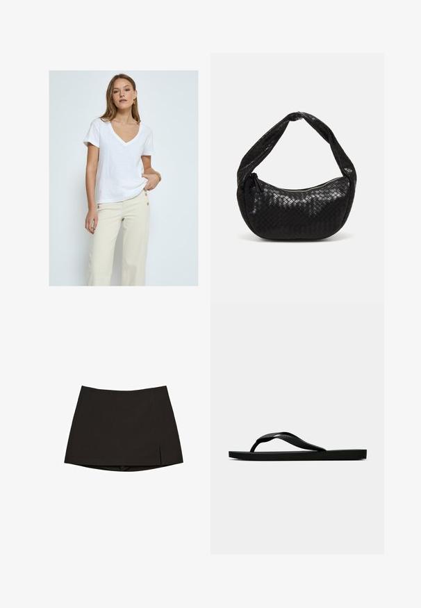 Desires DEDANNON TEE - Základné tričko - white; Čierna mini sukňa z hladkej látky, so strihom na rovno, s bočnými rozparkami a čistým lemom. Jednoduchá a univerzálna.; Čierne gumené žabky s textúrovaným popruhom a jednoduchou plochou podrážkou, zobrazené z boku na jednofarebnom svetlom pozadí.; Čierna tkaná kožená kabelka s zakriveným tvarom, s hrubým uchom a zipsovým uzatvorením. Textúrovaný povrch s lesklým povrchom.