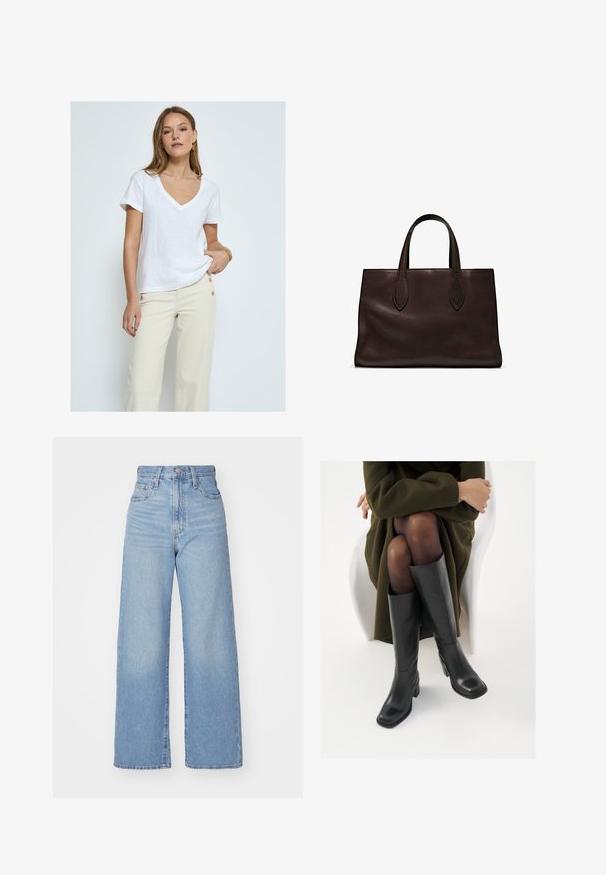 Desires DEDANNON TEE - T-shirts basic - white; Lyseblå højtaljede bukser med bred benåbning, med frontknap og lynlås, samt for- og baglommer, på en hvid baggrund.; Knæhøje sorte læder støvler med firkantet tå og blokhæl, vist med en model siddende i en olivengrøn frakke. Glat tekstur, minimal detaljer.; Brun læder tote bag med to forlængede håndtag, struktureret rektangulær form, glat overflade og subtile syninger.