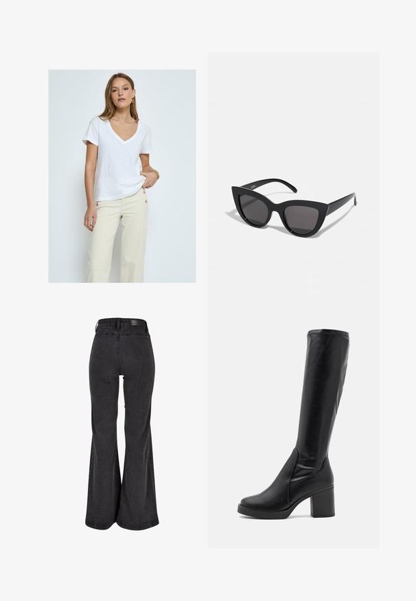 Desires DEDANNON TEE - Paprasti marškinėliai - white; Juodieji platūs džinsai su lygiu tekstūru, aukštu liemeniu ir užrašyto logotipo pleistru nugaroje. Turi platų kojų dizainą, sustiprintus siūlus.; Juodos iki kelių siekiančios batų su sklandžiu oda, turinčios masyvų kulną ir apvalų pirštą. Išskirtinis vientisas dizainas ir subtilūs siuvinėjimo akcentai.; Juodos katės akies akinių nuo saulės su matinio paviršiaus danga, turinčiais pilkai tonuotus lęšius, aštriomis linijomis ir elegantiškomis šoninėmis kojelėmis. Prekės ženklas matomas vidinėje kojelėje.