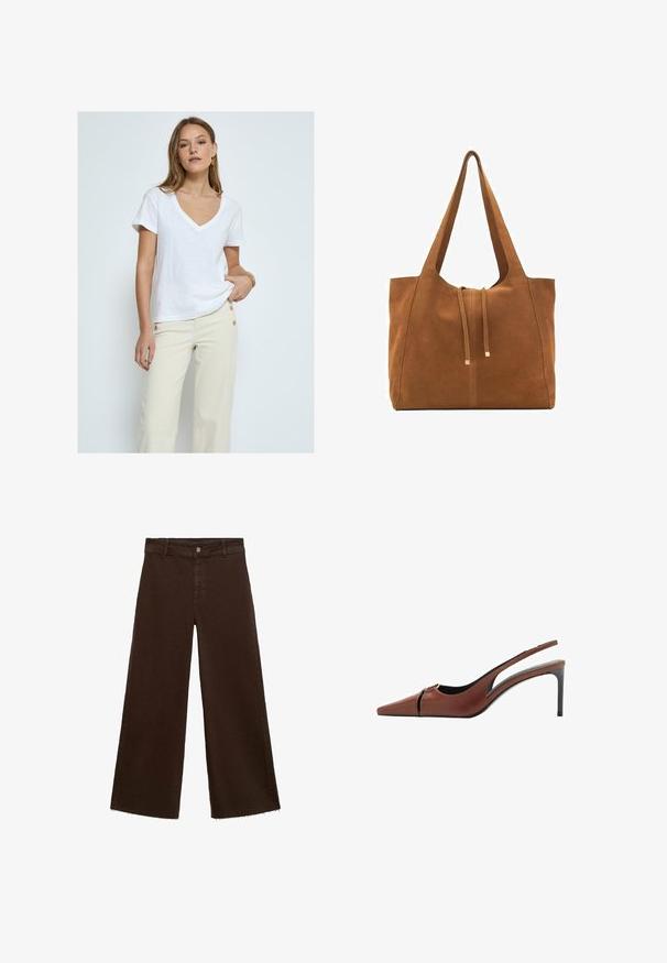 Desires DEDANNON TEE - Osnovna majica kratkih rukava - white; Smeđe široke hlače od pamuka, s raspucanim rubom, prednjim kopčanjem na dugme i klasičnim dizajnom s pet džepova. Minimalističke i svestrane.; Smeđa kožna slingback potpetica s iznimno šiljastim vrhom, izrezanom detaljom na gornjem dijelu i elegantnom stiletto potpeticom. Glatka tekstura.; Smeđa antilop torba za ruke s dva duga remena, zatvaranje na vezicu i minimalistički dizajn. Glatka tekstura i bez vidljivih metalnih elemenata.