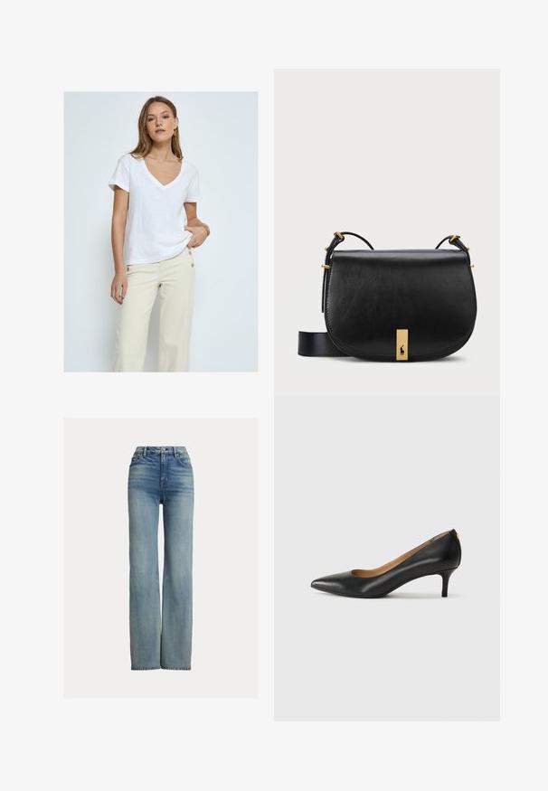 Desires DEDANNON TEE - Pamata T-krekls - white; Augstās vidukļa taisnās kājas zilos džinsos ar priekšējām kabatām, jostu cilpiņām un pogu aizdari, ar maigi izbalējušu detaļām.; Melnas ādas augstpapēžu kurpes ar pīlādžu purngalu, zemu papēdi un gludu virsmu. Raksturīga neliela atvere priekšā un minimāls aprīkojums aizmugurē.; Melnas ādas crossbody soma ar zelta toņa metāla akcentu un regulējamu siksnu, kurai ir gluda tekstūra un izliekta forma.