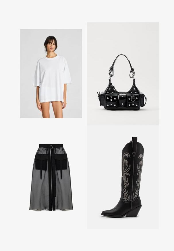 Witte oversized t-shirt gemaakt van katoen. Kenmerkt zich door een ronde hals en korte mouwen, met een soepele textuur en eenvoudig ontwerp.; Zwarte doorschijnende rok met een verzameld tailleband, voorzien van twee grote voorzakken, een tailleband met strik en een ronde metalen accent.; Zwarte leren cowboylaarzen met spitse neuzen, wiggenhakken en zilver geborduurde bloemmotieven langs de schacht. Contrasterende stiksels overal.; Zwarte lederen handtas met een gebogen ontwerp, voorzien van zilveren studs, een gesp en twee zijvakken. Verstelbare schouderband voor verschillende draagmogelijkheden.
