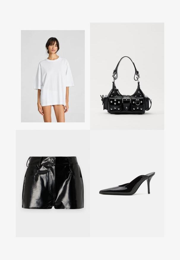 Balta per didelė t-marškiniai, pagaminti iš medvilnės. Yra apvalus kaklas ir trumpi rankoviai, su sklandžiu tekstūra ir paprastu dizainu.; Juodos, blizgios šortai, pagaminti iš sintetinės medžiagos. Turi prigludusią liemenį, diržo kilpas ir priekines kišenes su ryškiomis siuvimo detalėmis.; Juodas lakinės odos aukštakulnis sandalai su smailiu nosiu ir elegantiška siluetu, turintys atvirą nugarą ir ploną stiletą.; Juodas odinis rankinukas su kreiviu dizainu, su sidabro spalvos knopkėmis, užsegimu ir dviem šoninėmis kišenėmis. Reguliuojama dirželis nešimui.