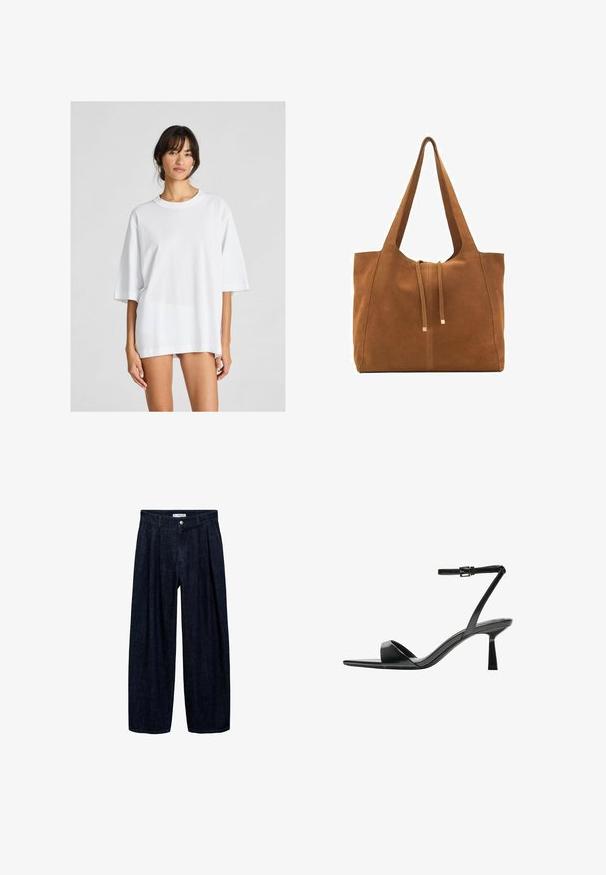 T-shirt bianco oversize realizzato in cotone. Presenta un collo rotondo e maniche corte, con una texture liscia e un design semplice.; Pantaloni wide-leg in denim scuro con pieghe in vita, dotati di un bottone frontale e passanti per cintura. Texture liscia e design a lunghezza completa.; Bershka Sandali con tacco - black; Borsa a tracolla in suede marrone con due lunghe cinghie, chiusura con cordoncino e design minimalista. Texture liscia e senza elementi hardware visibili.