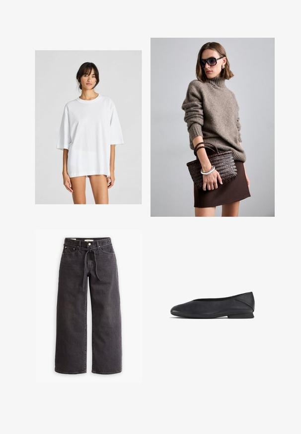 Biele oversized tričko vyrobené z bavlny. Má okrúhly výstrih a krátke rukávy, s hladkou textúrou a jednoduchým dizajnom.; Čierne široké džínsy vyrobené zo denimu, s elastickým pásom na šnúrku, piatimi vreckami a kontrastným prešívaním. Rovný predný dizajn.; Čierna kožená plochá topánka s okrúhlou špičkou a nízkym podpätkom, navrhnutá na príležitostné alebo formálne nosenie.; DRAGON DIFFUSION MINI FLAT GORA - Kabelka - dark brown