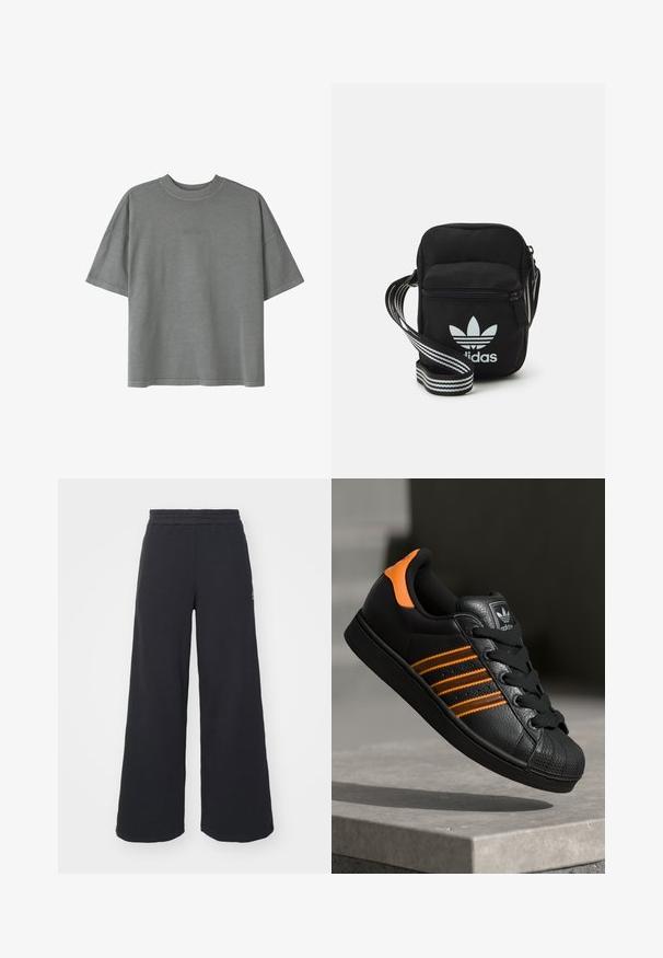 Tricou oversized gri, realizat din bumbac moale, cu guler rotund, mâneci scurte și un logo subtil embossat pe față.; Pantaloni de trening negri, cu picioare largi, confecționați dintr-un material moale, având un talie elastică și un logo mic pe partea stângă.; Adidași negri cu accente portocalii, trei dungi orizontale, parte superioară din piele texturată, capac de cauciuc pentru vârf și șireturi negre.; Geantă de umăr din material textil negru, cu închidere cu fermoar, având un logo Adidas alb și o curea ajustabilă cu dungi pentru o transportare ușoară.