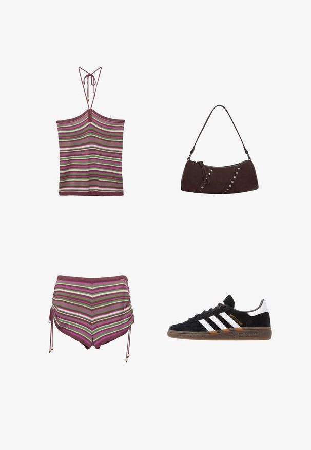 Kötött ujjatlan póló állítható megkötőkkel, bordó, zöld, fehér és rózsaszín függőleges csíkokkal. Tapintása puha és rugalmas.; Csíkos fürdőnadrág rózsaszín, zöld és barna árnyalatokban. Zsinóros oldalakkal és puha, rugalmas anyaggal rendelkezik.; Fekete Adidas sneaker fehér csíkokkal, arany "Spezial" felirattal, gumitalppal és fehér saroktabbal, profil nézetben bemutatva.; Barna szintetikus bőrből készült kézitáska, ívelt formával, cipzáras záródással és díszes ezüst tüskékkel az egyik oldalon. Rövid vállpánttal rendelkezik.