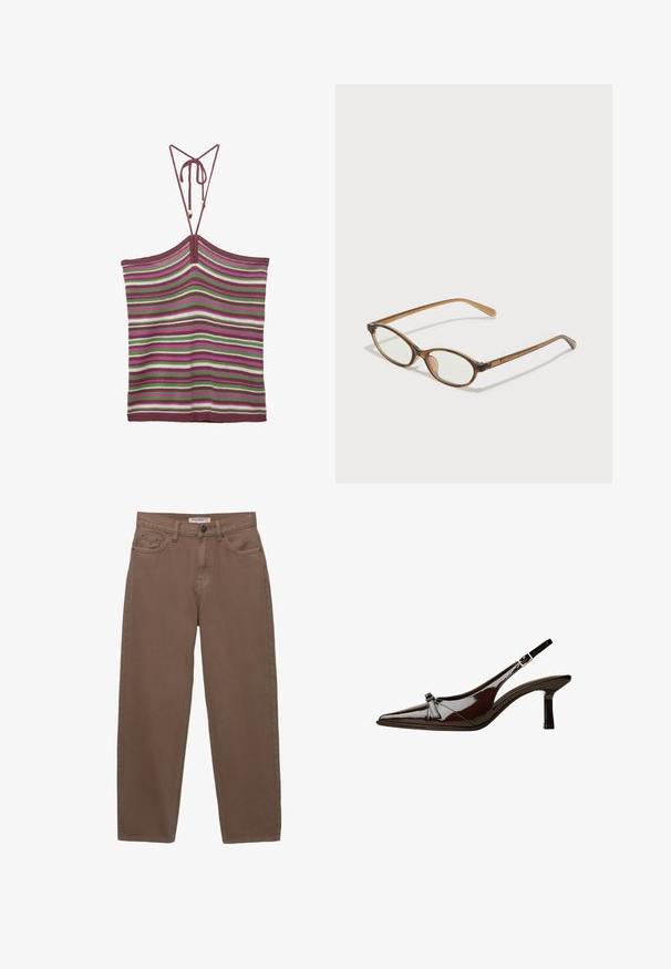 Kötött ujjatlan póló állítható megkötőkkel, bordó, zöld, fehér és rózsaszín függőleges csíkokkal. Tapintása puha és rugalmas.; Barna pamut farmernadrág laza szabással, öt zsebbel és cipzáros záródással. Finom textúrával és klasszikus varrási részletekkel rendelkezik.; Barna lakkbőr slingback cipő hegyes orral, alacsony sarkal és díszes masnival elöl. Simma, fényes felület.; Barna teknős páncélmintás szemüveg, ovális lencsékkel, vékony szárakkal és átlátszó részletekkel. A templomon diszkrét logó található. Elegáns, könnyű dizájn.