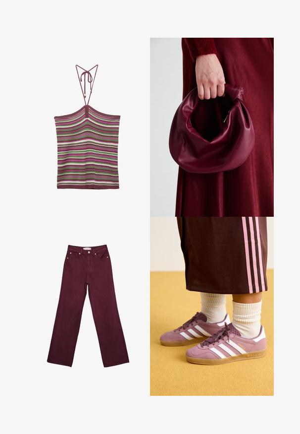 Triglavna pletena majica s nastavljivimi vezalkami, ki ima navpične črte v burgundski, zeleni, beli in roza barvi. Tekstura je mehka in raztegljiva.; Bordo visokokotne traperice s ravnim nogavicam, ki vključujejo sprednje žepke, gumbasto zapiranje in detajle iz bakrenega tona.; Vijolični semiš športni copati z belimi črtami, gumijastim podplatom in teksturiranimi poudarki, v kombinaciji z rebrastimi belimi nogavicami in rjavimi trenirko hlačami z roza črtami.; Bordo usnjeni ročni torbici s mehak, nabrana zasnova in okrogla oblika. Ročaj je varen in prikazuje gladko teksturo.