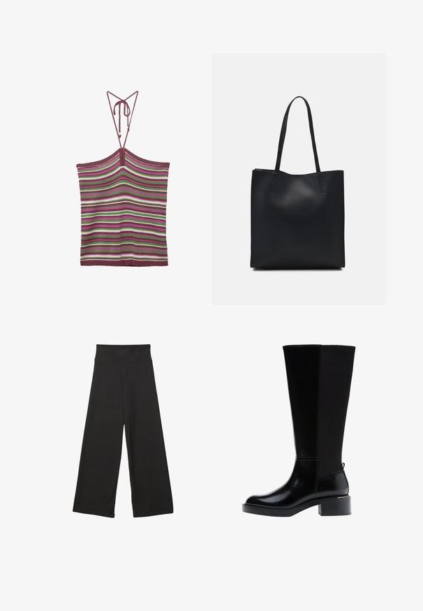 Triglavna pletena majica s nastavljivimi vezalkami, ki ima navpične črte v burgundski, zeleni, beli in roza barvi. Tekstura je mehka in raztegljiva.; Črne široke hlače z visokim elastičnim pasom, izdelane iz mehke tkanine in ohlapnega kroja, primerne za sproščeno nošenje ali casual priložnosti.; Črni škornji do kolen z gladkim usnjenim zaključkom, izrazitim šivanjem, robustnim petnim delom in teksturirano zadnjo ploščo za dodatno zanimivost.; Črna usnjena torba s svilnato teksturo, pravokotne oblike in dvema dolgima ročajema. Brez vidnih metalnih delov ali okrasnih elementov.