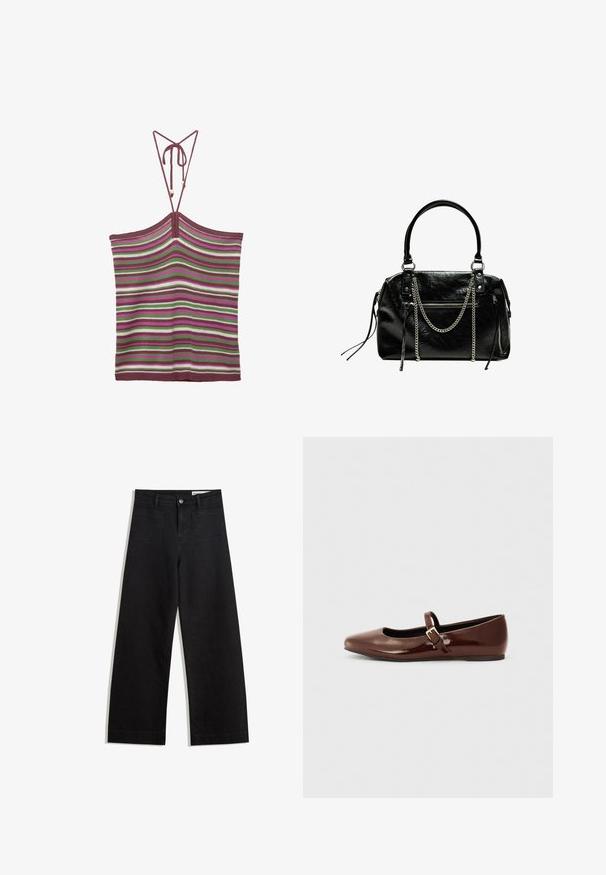Strikket tanktop med justerbare bånd, prydet med vertikale striper i borgunderrød, grøn, hvid og lyserød. Teksturen er blød og strækbar.; Sorte wide-leg denim bukser med høj talje, der har front- og baglommer, syede sømme og en knaplukning. Glat tekstur.; Brun patentlæder balletflade med firkantet tå og strop med en lille guldbuckle. Glat tekstur, lav hæl og minimalistisk design.; Bershka WITH CHAIN - Håndtasker - black