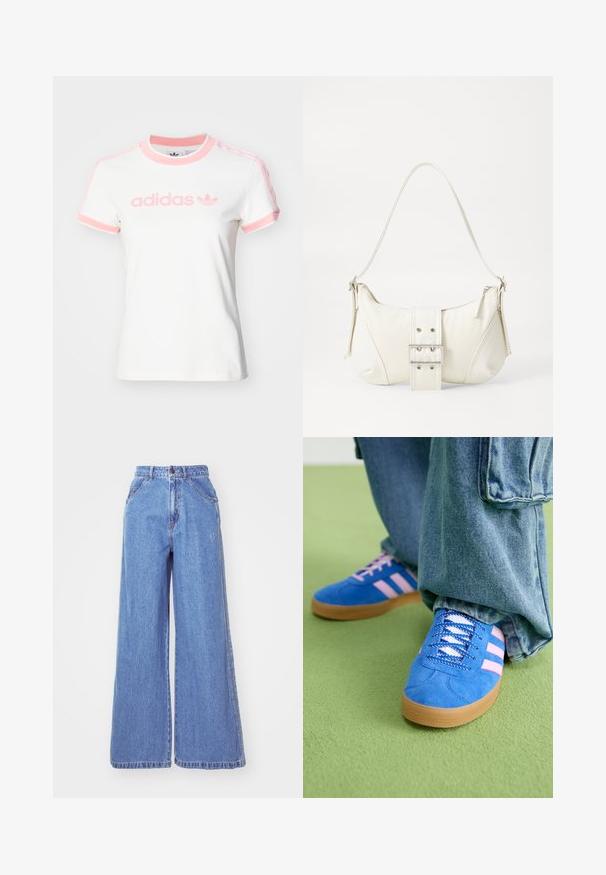 adidas Originals - T-shirt z nadrukiem; adidas Originals - Jeansy Straight Leg; Niebieskie zamszowe buty z różowymi paskami i białymi sznurowadłami, z gumową podeszwą, zestawione z luźnymi dżinsami na zielonej powierzchni.; Biała torebka na ramię o fakturowanym wykończeniu, z centralnym akcentem w postaci klamry i zaokrąglonym kształcie. Zapięcia na zamek błyskawiczny po obu stronach.