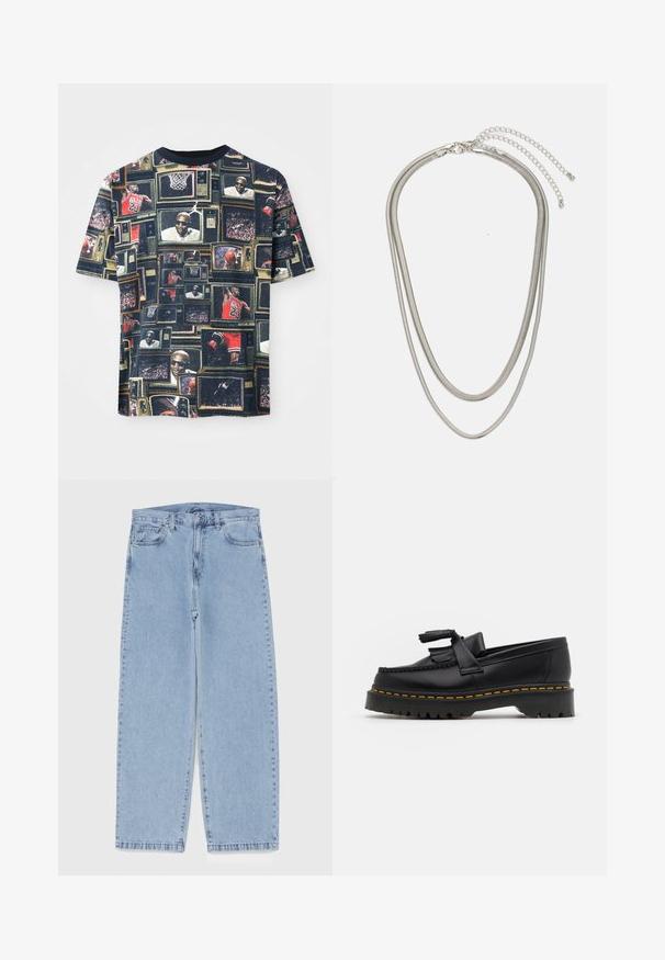 Camiseta gráfica con un collage de televisores vintage mostrando acción y jugadores de baloncesto, predominantemente en colores oscuros y con cuello redondo.; Jean de mezclilla azul claro con diseño de pierna recta, con una cintura de altura media, cinco bolsillos y un cierre de botón y cremallera.; Mocasín de cuero negro con un acento de borlas, que presenta una suela gruesa negra y costuras amarillas a lo largo del borde. Acabado texturizado.; Collar de metal plateado de tres capas que presenta cadenas flexibles y elegantes con un ligero brillo, asegurado con un cierre de langosta y cadena ajustable.