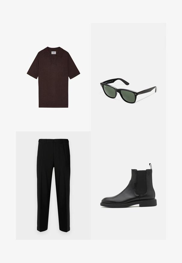 Ruskea poolopaita, joka on valmistettu teksturoidusta kankaasta ja jossa on terävä kaulus sekä lyhyet hihat. Tunnuksessa lukee "NN. 07" kauluksessa.; Mustat housut sileästä kankaasta, suora malli, kaksi etutaskua sekä vetoketjulla ja napilla varustettu etulukitus.; Mustat nahkasaappaat nilkkamittaisina, joissa on sileä pinta, joustavat sivupaneelit ja vetotappi. Pyöreä varvastila ja litteat kumipohjat, joissa on minimaalinen pito.; Mustat muoviset aurinkolasit, joissa on vihreät linssit, neliönmuotoiset kehykset, hopeinen yksityiskohta kulmakarvojen kohdalla sekä tekstuuriset temppeleiden varret. Brändi ilmoitettu sisävarsissa.