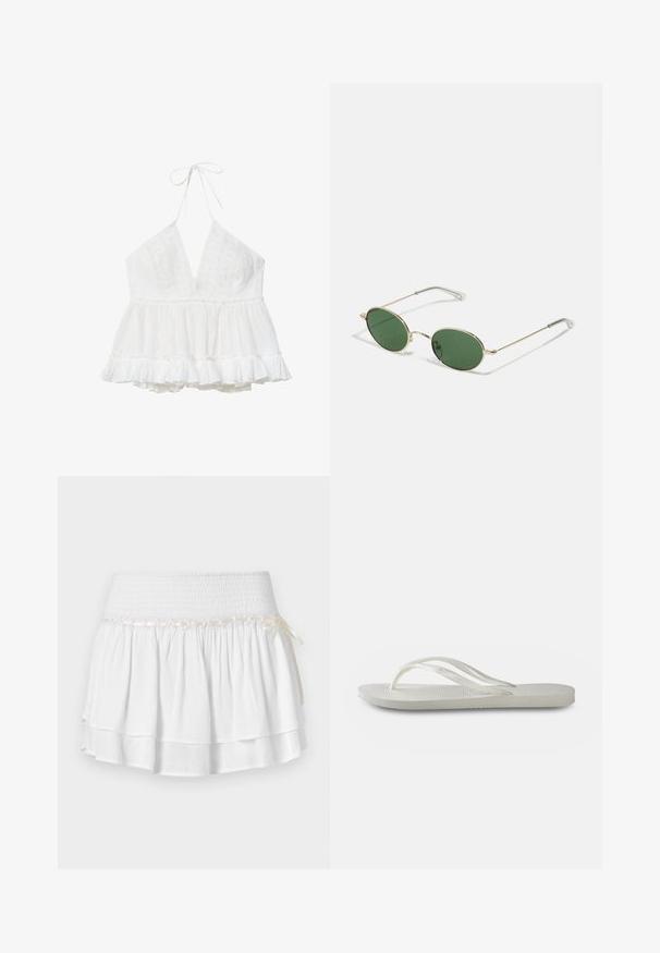 Top bianco senza maniche con scollo a V profondo, dettagli in pizzo sul corpetto e orlo peplo arricciato per una vestibilità fluida.; Gonna bianca a strati con vita elastica, caratterizzata da un dettaglio in smocking testurizzato e un nastro decorativo. Tessuto di cotone.; Infradito bianchi con suola testurizzata, caratterizzate da cinghie sottili e design piatto. Realizzate in gomma con un logo sottile sulla soletta.; Occhiali da sole con montatura dorata, lenti ovali verdi e aste in metallo sottili. Presentano estremità in plastica trasparente sulle aste per maggiore comfort.; Borsa a tracolla in paglia intrecciata con dettagli in pelle marrone, due manici e una tracolla removibile. Forma curva con una base solida.