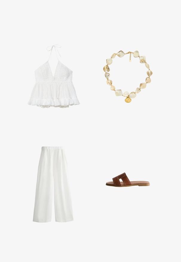 White sleeveless halter top with deep V-neck, lace detailing on bodice, and ruffled peplum hem for a flowy fit.; White, wide-leg pants with an elastic waistband, featuring front pleats and a lightweight, textured fabric.; Brown leather slide sandal with two wide straps, white stitching accents, flat rubber sole, and smooth, streamlined design.; Chunky necklace made of irregular cream-colored shell beads, accented with gold hardware and a shell-shaped pendant.
