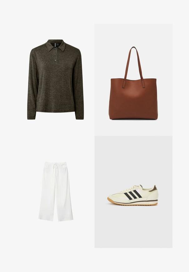 Mörk olivgrön långärmad knit polo skorta med tre knappar och klassisk krage, märkt "Pieces" inuti halslinningen.; Vita vida byxor i mjukt tyg med dragsko i midjan och två framfickor. Slät textur och inga synliga mönster.; Vit sneaker med svarta ränder, övre del i läder, gummisula och bruna detaljer. Har en klassisk snörning och texturerad tunga.; Brun läder tote-väska med en slät textur, öppen toppdesign och två axelremmar. Har minimal söm och ingen synlig metalldetalj.