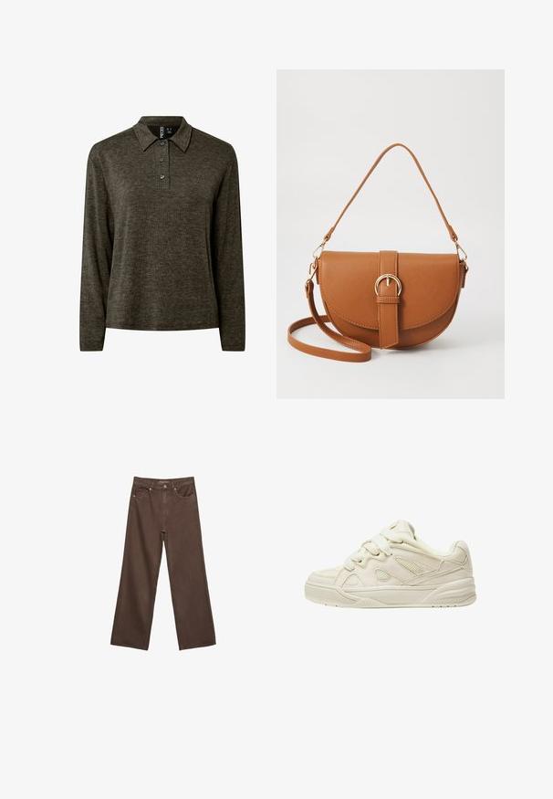 Dlouhý rukáv tmavě olivově zelený pletený polo tričko se třemi knoflíky a klasickým límečkem, označené "Pieces" uvnitř výstřihu.; Hnědé džíny s širokými nohavicemi vyrobené z denimu, s vysokým pasem, předními kapsami a klasickým zapínáním na knoflík. Hladká textura s jemným švem.; Beige tenisky s texturovaným svrškem, výraznými tkaničkami, síťovinovými panely a silnou podrážkou. Zakřivený design s měkkým límcem pro pohodlí.; Hnědá kožená křížová taška s zakřiveným tvarem, zlatými detaily a akcentem s přezkou. Obsahuje odnímatelný popruh na rameno.