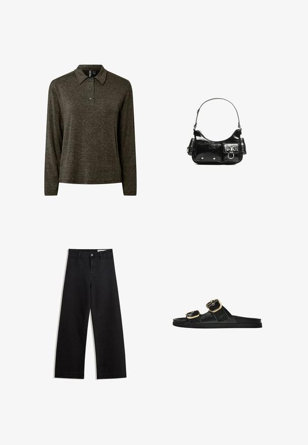 Donkergroene gebreide polo met lange mouwen, drie knopen en een klassieke kraag, gelabeld met "Pieces" aan de binnenkant van de hals.; Zwarte denim broek met wijde pijpen en een hoge taille, voorzien van voor- en achterzakken, gestikte naden en een knoopsluiting. Gladde textuur.; Zwarte slipper met twee gouden gesps, gladde textuur, platte zool en een minimalistisch ontwerp.; Zwarte laarzen in lakleer met een gebogen vorm, één schouderband, voorvakken en accenten in zilverkleurig metaal.