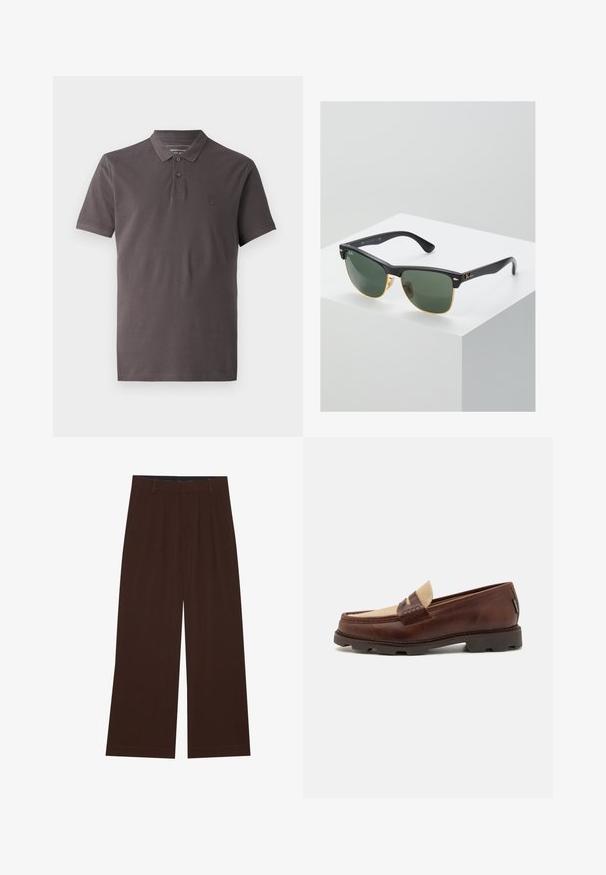 Polo tričko v tmavošedej bavlne s golierom, trojica gombíkov, krátkymi rukávmi a jemne vyšitým logom na ľavej hrudi.; Hnedé nohavice s širokými nohavicami a plisovaním. Vyrobené z hladkej látky, s upraveným pásom a bočnými vreckami. Rovný lem na spodnej časti.; Hnedé kožené loafers so taupe plátnovým akcentom, prešívaním a textúrovanou gumovou podrážkou navrhnutou pre pohodlie a trvácnosť.; Slnečné okuliare Ray-Ban so zelenými sklami, čiernymi plastovými rámami a zlatými akcentami na okrajoch. Štvorcový tvar s matným povrchom.