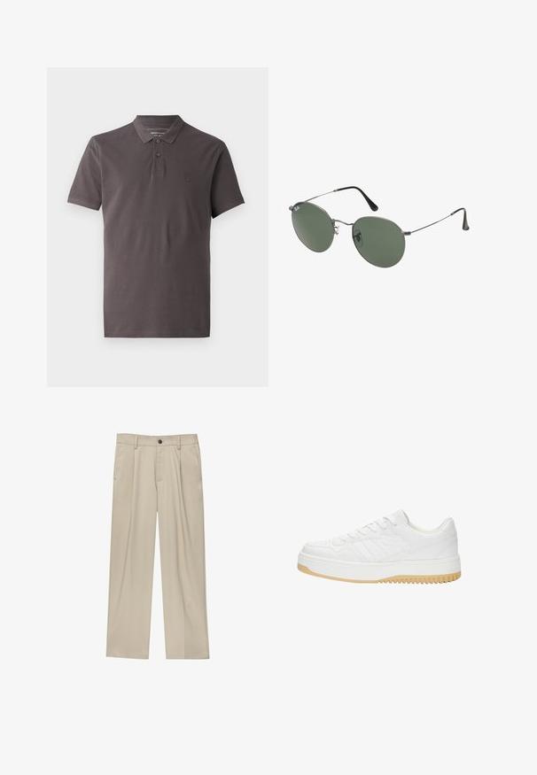 Polo shirt in donkergrijze katoen met een kraag, een drie-knopen sluiting, korte mouwen en een subtiel geborduurd logo op de linkerborst.; Beige broek met een rechte snit, voorzien van een enkele zwarte knoop, riemlussen en zijzakken. Glad stoffen textuur en een minimalistisch ontwerp.; Witte leren sneaker met een gematteerde afwerking, met een rubberen zool, vetersluiting en subtiele streepaccenten aan de zijkanten.; Metalen zonnebril met ovale groene lenzen. Dunne zilveren metalen rand en zwarte oorstoppers. Minimalistisch ontwerp, zonder zichtbare logo's.