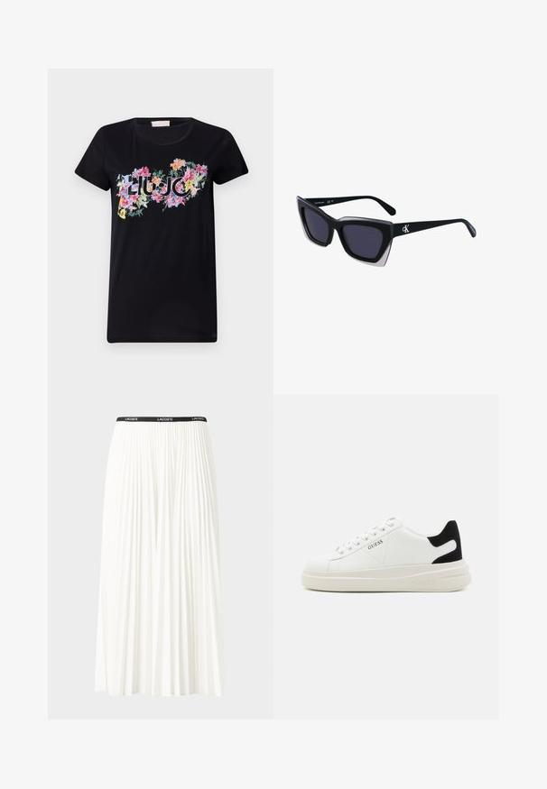 Black short-sleeve t-shirt made of cotton. Features colorful floral print with the word "LIU JO" in the center, with varying flower shapes and designs.; Pleated white skirt with a black elastic waistband featuring the "LACOSTE" logo. Mid-length design with soft texture.; White leather sneakers with a thick white sole, black suede heel accent, and embossed logo on the side. Laced design with six eyelets.; Black oversized sunglasses with a geometric shape, featuring dark lenses and a contrasting grey detail on the frame. Logo on the arm.