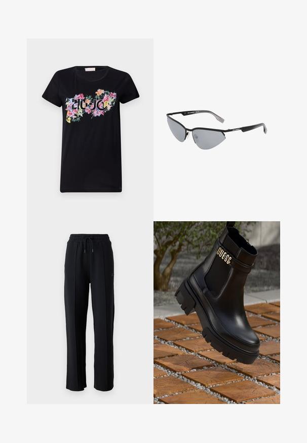 Schwarzes T-Shirt mit kurzen Ärmeln aus Baumwolle. Es verfügt über einen bunten Blumenprint mit dem Wort "LIU JO" in der Mitte, umgeben von verschiedenen Blumenformen und -designs.; Schwarze Sweatpants mit lässiger Passform, elastischem Bund, verstellbarem Kordelzug und vertikalen Nähten entlang der Beine. Weicher Stoffeindruck.; Schwarze Leder-Ankle-Boots mit einer groben Gummisohle, elastischen seitlichen Einsätzen und einem goldenen Akzent mit "GUESS"-Markierung.; Schwarze Sonnenbrillen mit kantigem, Katzenaugen-Design. Silberne, verspiegelt Gläser. Schlanke, leichte Kunststoffrahmen mit dezentem Branding an den Schläfen.