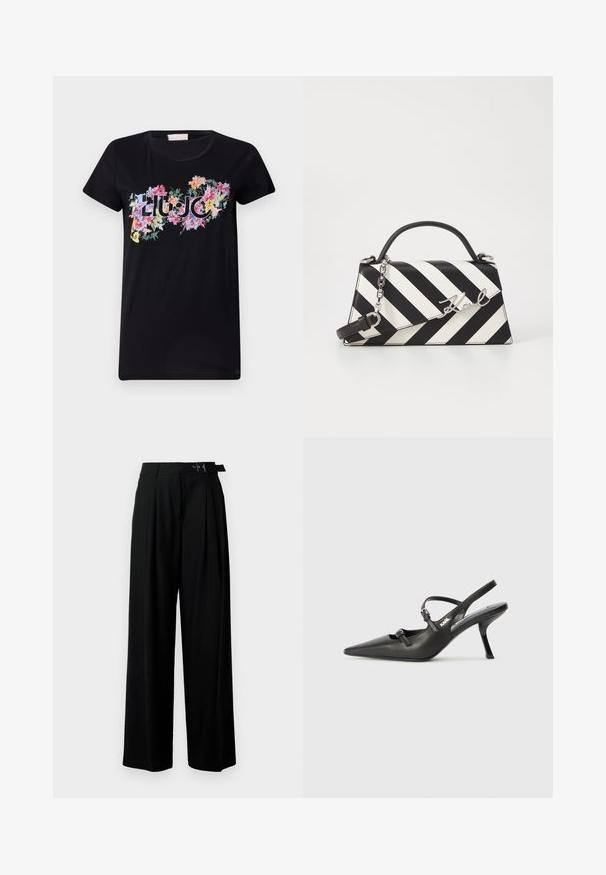 Must musta lühikeste varrukatega särk, mis on valmistatud puuvillast. Omab värvilist lillemotiivi, mille keskel on sõna "LIU JO", erinevate lillekujude ja disainidega.; Mustad kõrge vöökohaga mustad laiad püksid, millel on ees voldid ja vöö, millel on pandla. Valmistatud siledast ja kergest kangast.; Must musta slingback kontsad, terava nina, peenike konts ja dekoratiivne pandla detail peal. Sile tekstuur ja stiilne disain.; Mustriga musta ja valgega käekott, millel on struktureeritud kuju, pehme käepide, eemaldatav ahelriba ja metallist logo aktsent.