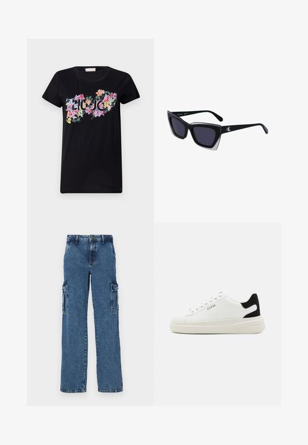 Schwarzes T-Shirt mit kurzen Ärmeln aus Baumwolle. Es verfügt über einen bunten Blumenprint mit dem Wort "LIU JO" in der Mitte, umgeben von verschiedenen Blumenformen und -designs.; Blaue Denim-Cargohosen mit lockerer Passform, ausgestattet mit zwei Seitentaschen, verstärkten Nähten und einem geraden Bein-Design.; Weiße Leder-Sneaker mit einer dicken weißen Sohle, schwarzem Wildlederakzent an der Ferse und geprägtem Logo an der Seite. Schnürdesign mit sechs Ösen.; Schwarze übergroße Sonnenbrille mit geometrischer Form, ausgestattet mit dunklen Gläsern und einem kontrastierenden grauen Detail im Rahmen. Logo am Bügel.