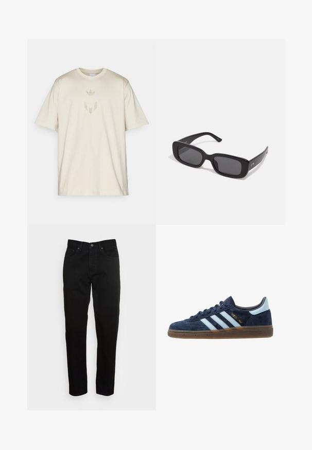 Beige bomulds T-shirt med rund hals, prydet med et forhøjet Adidas-logo og emblem trykt i matchende farve på forsiden.; Sorte slim-fit jeans med frontknaplukning og fem-lomme design, vist mod en enkel lys grå baggrund.; Navyblå ruskinds Adidas sneakers med lyseblå striber, gummisål, lyseblå hælflap og guld "Spezial" branding på siden.; Sorte rektangulære solbriller med mørke linser, glatte plastikrammer og brede arme. Diskret branding på siden.