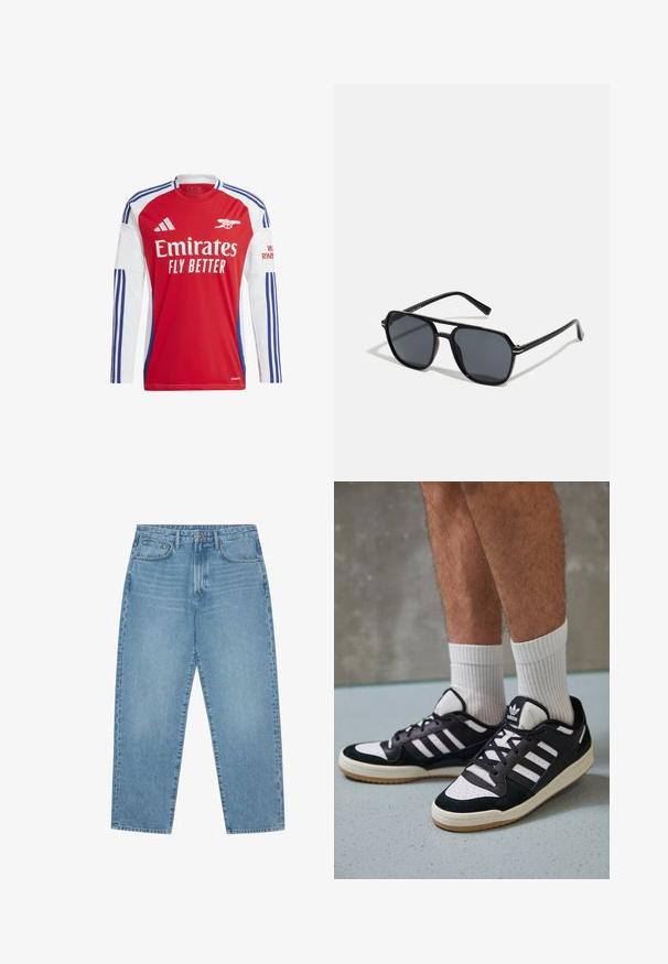 adidas Performance ADIDAS PERFORMANCE ARSENAL 24/25 LONG SLEEVE HOME JERSEY - Voetbalshirt - better scarlet white; Lichtblauwe denim wijde jeans met een hoge taille, voorzien van vijf zakken, riemlusjes en een zachte, licht vervaagde textuur.; Zwart-witte sneakers met een bovenwerk van suede en leer, voorzien van drie witte strepen, een geperforeerde neus en een rubberen gumzool.; Zwarte zonnebril met een octagonaal frame, donkere lenzen, glanzende afwerking, dunne tempels en gouden accenten aan de voorkant.