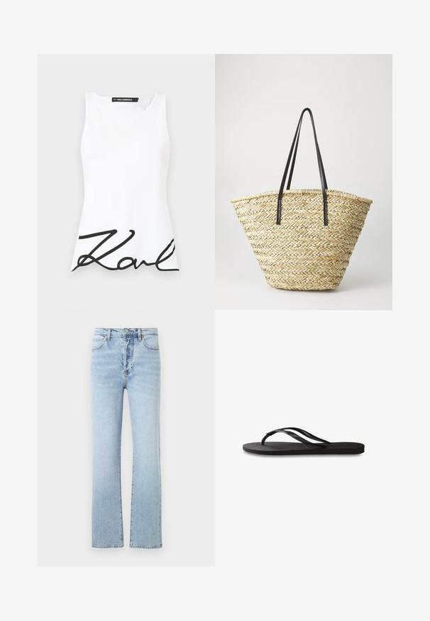 Top bianco senza maniche con scollatura tonda, caratterizzato da un logo cursivo nero "Karl" ben visibile nella parte anteriore inferiore. Tessuto dalla superficie liscia.; Camicia bianca a maniche lunghe in cotone, con chiusura a bottoni sul davanti, colletto, taschino sul petto e orlo arrotondato. Tessuto morbido.; Jeans in denim azzurro chiaro con una forma a gamba dritta, caratterizzati da un vita alta, uno stile classico a cinque tasche e una leggera scoloritura.; Infradito neri con suola in gomma testurizzata, due cinghie sottili e un sottile dettaglio del logo impresso sulla cinghia.; Borsa a tracolla in paglia intrecciata con una forma ampia e affusolata, dotata di due manici in pelle nera. Colore beige naturale con una superficie texture.