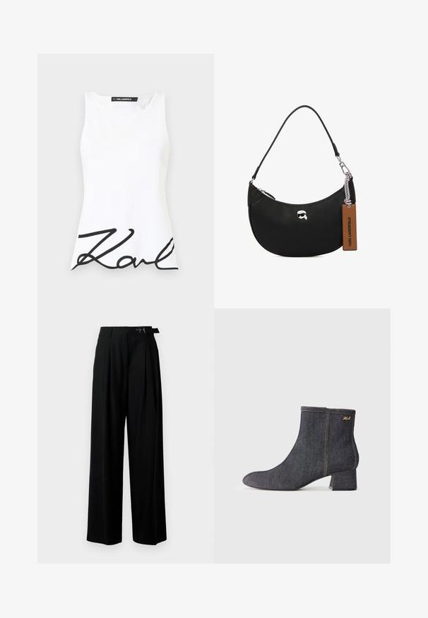 Hvit ermeløs topp med rund hals, prydet med en fremtredende svart kursiv "Karl"-logo over den nedre fronten. Glatt stoffoverflate.; Svarte vide bukser med høy livlinje, folder foran og belte med spenne. Laget av glatt, lett materiale.; Mørke denim ankelstøvletter med spiss tå, blokkhæl, synlig søm og en subtil merkevarelogo på siden. Glatt tekstur.; Svart skinnveske med pebble-tekstur, buet form, glidelås på toppen, sølvfarget hardware og en brun etikett. Inkluderer logo-akkenter.