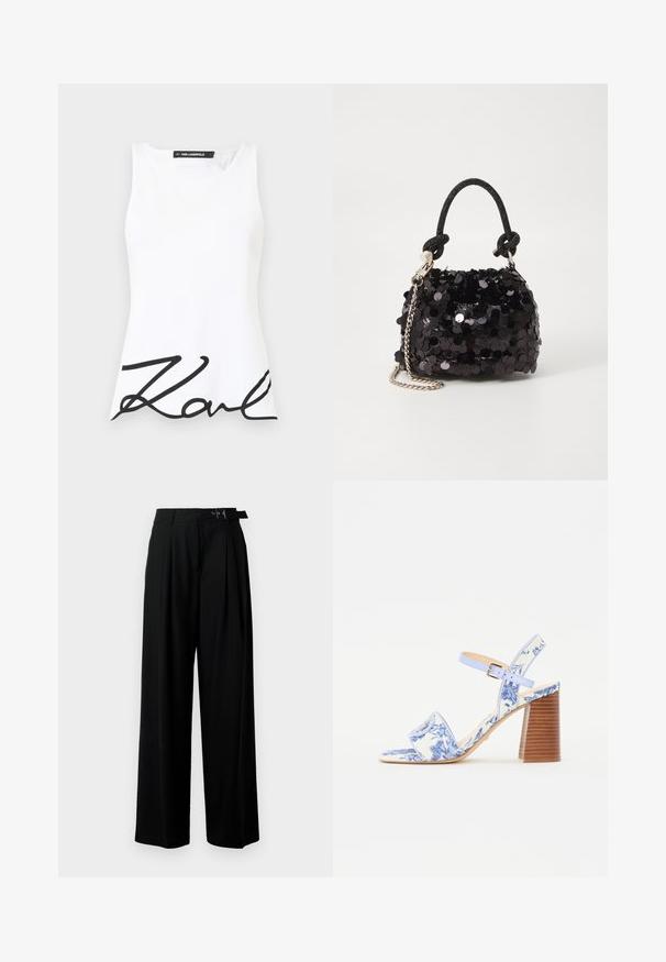 Valge ilma varrukateta topp ümmarguse kaelusega, millel on silmatorkav must käekiri "Karl" logo alumisel ees. Siledad kangast struktuur.; Mustad kõrge vöökohaga mustad laiad püksid, millel on ees voldid ja vöö, millel on pandla. Valmistatud siledast ja kergest kangast.; Sinine lillemustriga sandaal ruudukujulise varbaga, laia riba ja reguleeritava pahkluu rihmaga, millel on tekstuuriga puidust plokk-kann.; Must have mustrõngus mustal sädelev mini käekotil on sõlme tekstuuriga rihm ja hõbedane ketis. Ümar kuju, kokku kogutud ülaosa ja peegeldav detail.