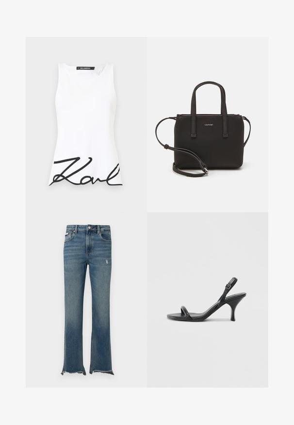 Witte mouwloze top met een ronde hals, voorzien van een opvallend zwart cursief "Karl" logo over de onderkant van de voorkant. Glad stofoppervlak.; Blauwe spijkerbroek van denim met lichte slijtage, ruwe rafelige zomen, voorzakken, riemlussen en een knoopsluiting.; Zwarte leren sandalen met hoge hakken, een slanke, gebogen hak en een gekruist bandontwerp. Verstelbare enkelband. Soepele textuur.; Zwarte handtas met dubbele korte handvatten en een afneembare schouderriem. Glad, leerachtig materiaal met een ritssluiting en logo-detail.