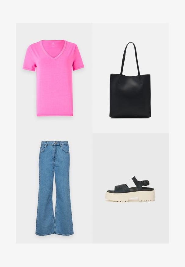 Trumpas rožinis T-shirt su V formos kaklu, pagamintas iš minkštos medžiagos, su klasikinio silueto dizainu ir subtiliais siuvimo akcentais ant rankovių ir apatinio krašto.; Šviesiai mėlynos flared džinsai, pagaminti iš džinsinio audinio, su aukštu liemeniu, penkiomis kišenėmis ir vienu mygtuko užsegimu. Minkštas paviršius su išblukusiu efektu.; Juodos zomšos platforminės sandalai su masyviu baltu padais, plačia priekinė juostele ir reguliuojamu kulkšnies užsegimu. Textūruotas padas užtikrina sukibimą.; Juodas odinis tote krepšys su lygia tekstūra, stačiakampio formos ir dviem ilgais rankenomis. Matomų metalinių detalių ar puošybos nėra.